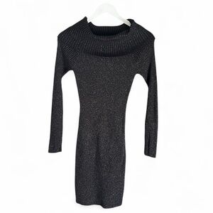 Women’s bebe Black Sparkly Metallic Long Sleeve Bodycon Mini Dress Size Medium